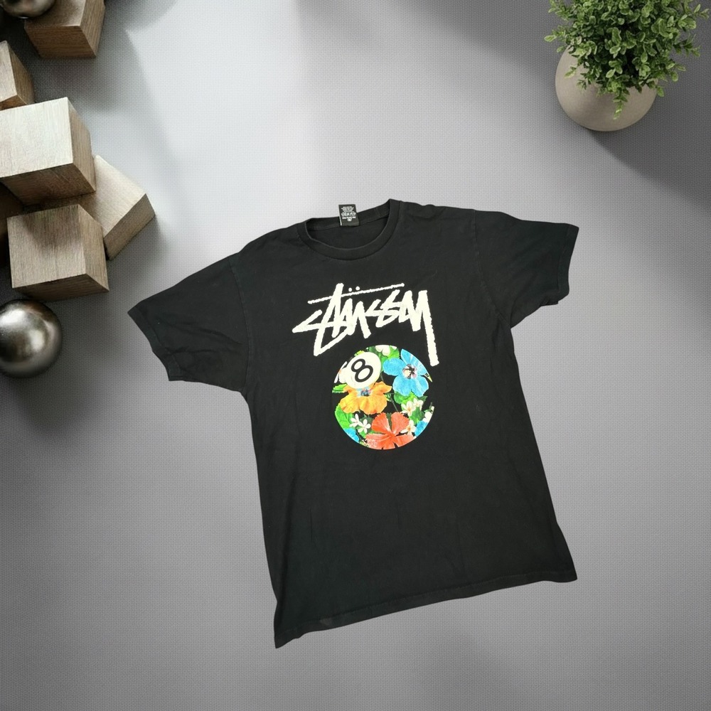 Stussy 8 Ball Floral Graphic T‎ Shirt Black Mens Medium Y2K Streetwear Skater